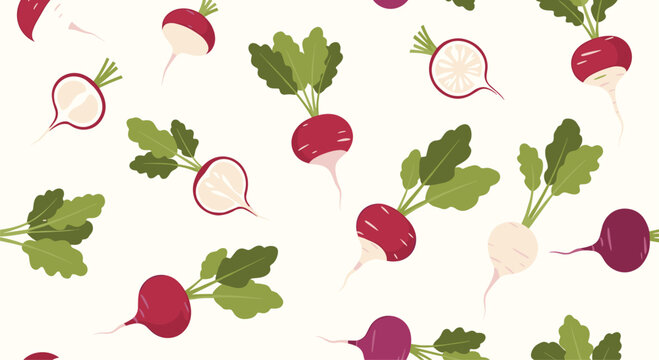 Repeating pattern of red radishes with green leaves on a light background provides a fresh vegetable design element.