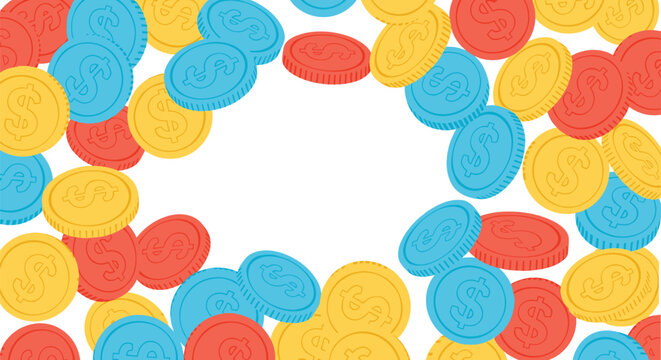Colorful pattern of falling blue, red, and yellow dollar coins creates a dynamic background for finance and wealth.