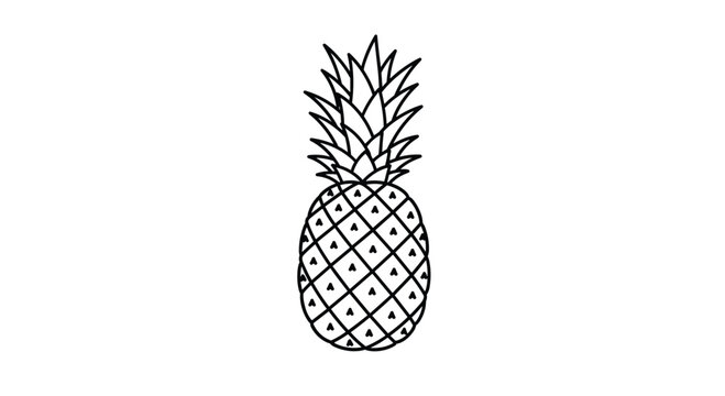 Whole pineapple fruit in a clean black and white line art vector illustration style isolated on a white background for tropical themes.