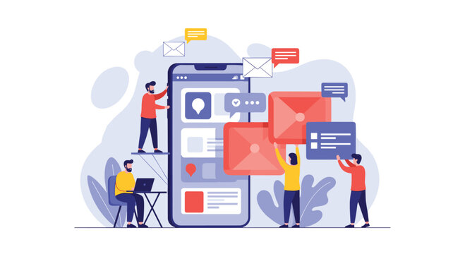 Mobile app development and communication concept with people building a social media interface on a giant smartphone with message icons.