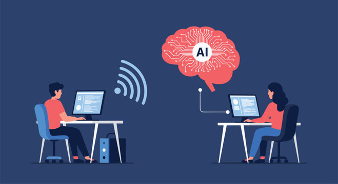 Artificial intelligence and remote connection concept with office workers using computers linked to a glowing digital brain through wifi.