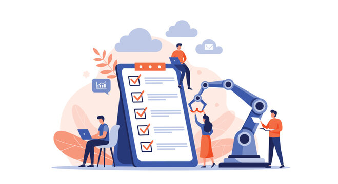 Automation and quality control concept with people using a giant checklist and a robotic arm to monitor industrial workflows and efficiency.