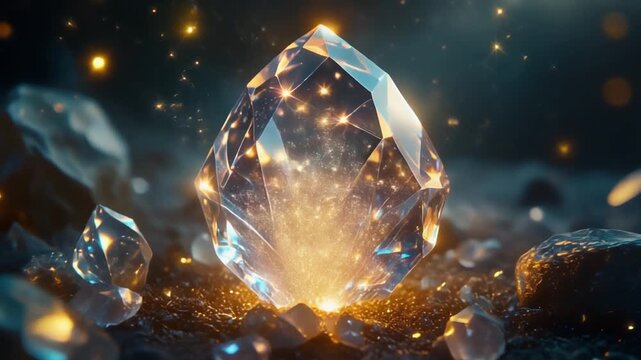 Magical crystal emitting glowing sparkles with cinematic fantasy lighting creating enchanting abstract background