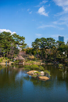 Traditional Japanese Garden with Pond and Teahouse in Hiroshima