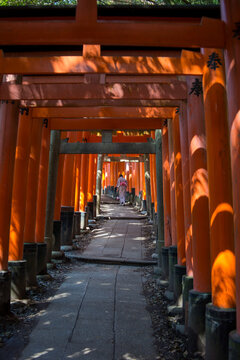 Traditional Shinto Altar with Miniature Torii Gates and Lit Candles