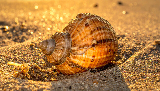 Intricate beach seashell macro photograph: golden sand detail