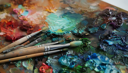 Fototapeta premium Macro Close-Up of Oil Painting Palette with Thick Impasto Paint and Used Brushes.