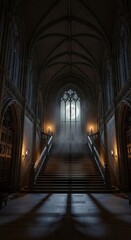 Obraz premium Grand stone staircase ascends toward a large moonlit window inside a gothic hall