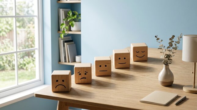Five Wooden Blocks with Different Emoticons Showing Emotional Progression and Moods on a Desk