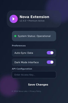 Dark Mode User Interface Design for "Nova Extension" App Settings Screen