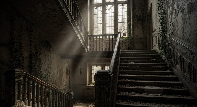 Grand interior staircase shows severe neglect with natural light piercing through dusty windows