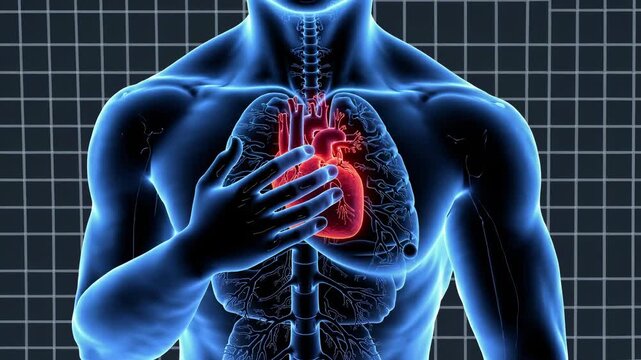 Human anatomy heart visualization. Medical professional demonstrates heart function. Detailed CGI representation of heart and lungs. Educational video for health awareness.