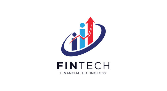 Modern fintech logo featuring a rising red arrow over a blue bar chart enclosed in a circular swoosh for financial growth.