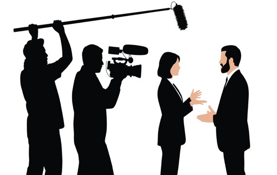 Silhouette of tv crew filming an interview with businesspeople vector illustration EPS PNG file