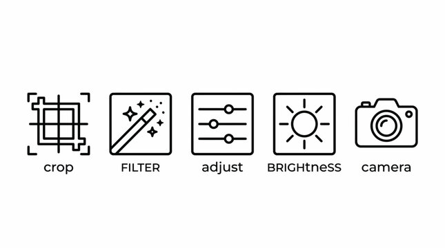 A collection of icons representing photo editing tools and camera functions