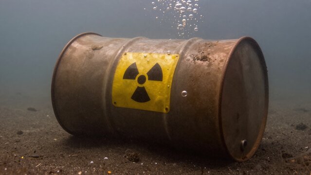 Metal barrel with a radioactive symbol lying on the sandy seafloor wit.