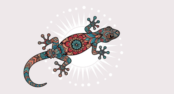 Intricately detailed illustration of a lizard or gecko decorated with floral and geometric patterns against a sunburst circular background.