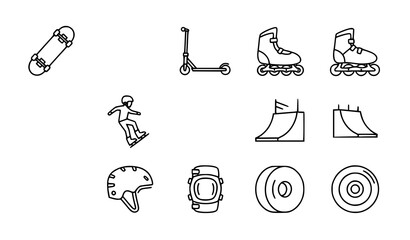 Skate outline icons set with skateboard scooter roller skates and street sport symbols vector isolated on white © Shukimon