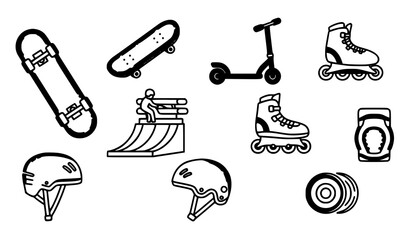 Modern skate icons collection with skateboard scooter roller skates and street sport symbols outline vector isolated on white © Shukimon