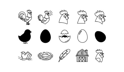 Elegant cockerel rooster icons set with poultry farm chicken and egg symbols premium filled and outline vector isolated on white © Shukimon