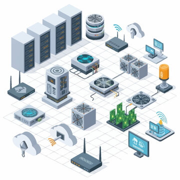 Servers and networking hardware components.