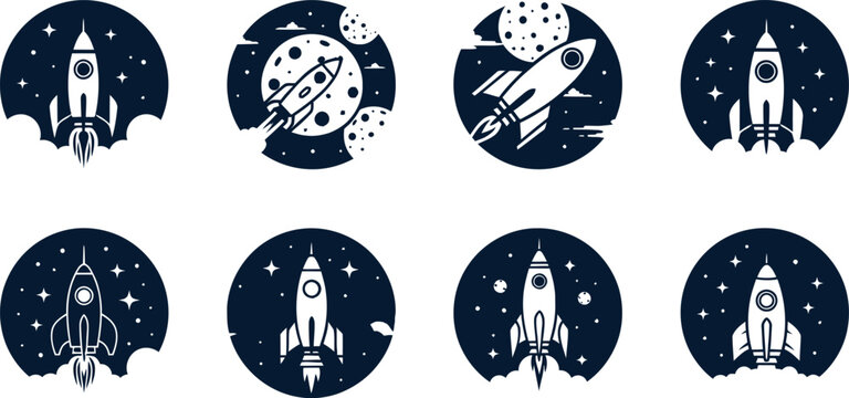 Collection of stylized rocket ship icons in circular frames for space exploration themes.