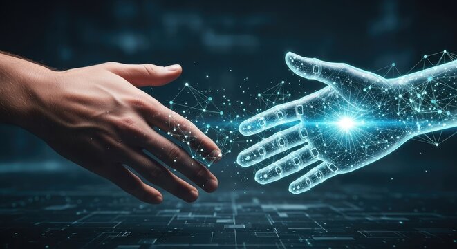 Human and digital handshake technology and partnership concept in blue light