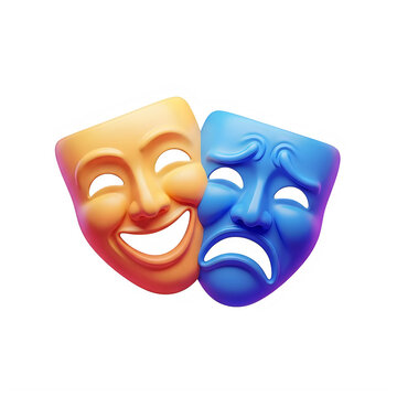 Traditional comedy and tragedy theater masks facing each other in vibrant colors