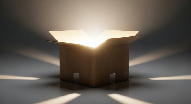 Lit box a glowing cardboard container with rays of light on a dark backdrop
