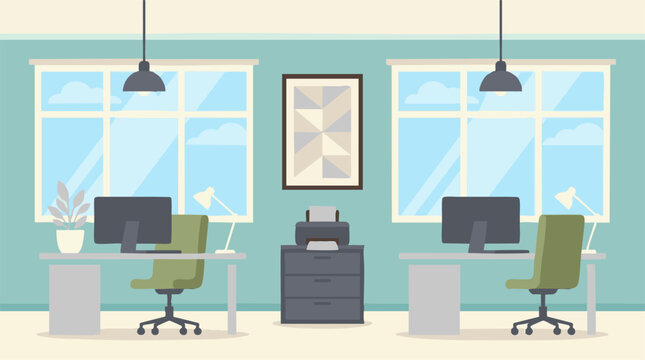 Modern minimalist office interior with two workstations and window view