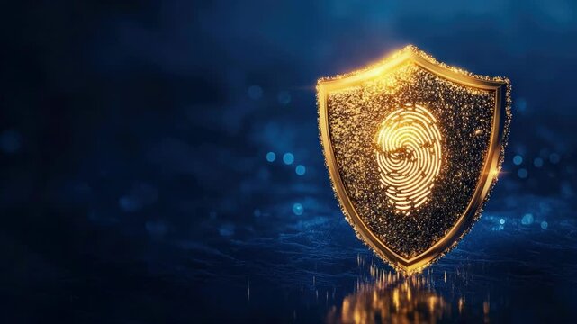 Golden shield with fingerprint inside and light sparks for digital security concept, personal ID verification system for business, data protection application and biometric access authorization
