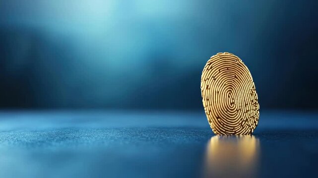 Golden fingerprint on dark blue background. Personal identification and biometric authentication technology, cyber security for digital protection, futuristic design