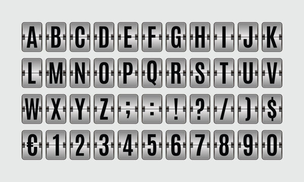 Vector set of retro flipboard alphabet letters and symbols in airport departure board style, mechanical split flap typography collection for travel displays, signage, UI and graphic design	
