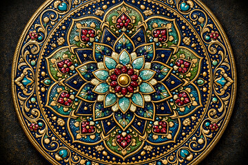 Fototapeta premium A vibrant and intricate mandala design with colorful gemstones and gold accents