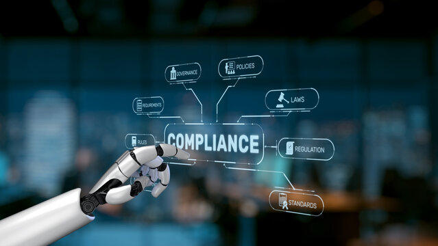 A robotic hand points at holographic compliance concepts in a sleek office setting, illustrating the intersection of technology and regulatory frameworks in modern business. Synapse