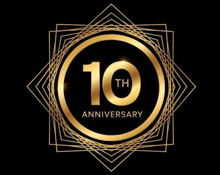 Elegant golden tenth anniversary emblem with geometric lines and a central circular design, celebrating a decade of success and achievement on a dark background.
