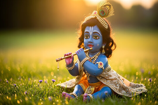 Baby Krishna Playing Flute in Golden Sunset Field