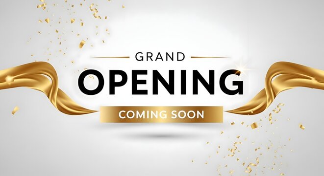 Luxurious grand opening announcement featuring shimmering golden ribbons, sparkling confetti, and bold typography proclaiming 'Grand Opening Coming Soon' on a sophisticated gray backdrop.