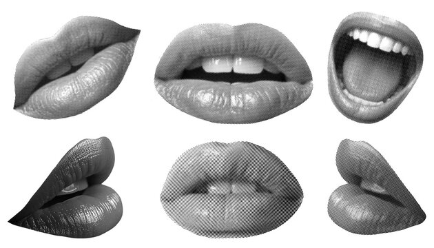 Collection of monochrome halftone woman's lips showing various expressions for pop art collage	
