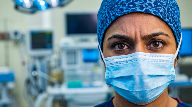 Close-up portrait of female surgeon wearing mask in hospital operating room