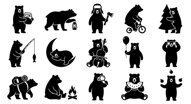 A diverse collection of black bear silhouette illustrations depicting various activities and adventures, perfect for nature, wildlife, and outdoor-themed designs.