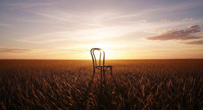 Silhouette of a chair in a field at sunset suggestive of peace and solitude