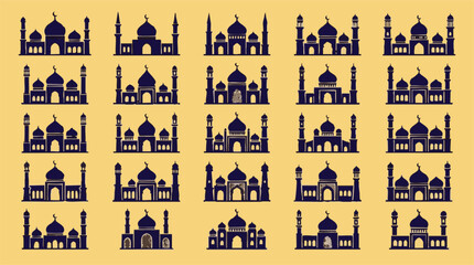 Fototapeta premium Collection of diverse mosque silhouettes, Islamic architecture vector icons