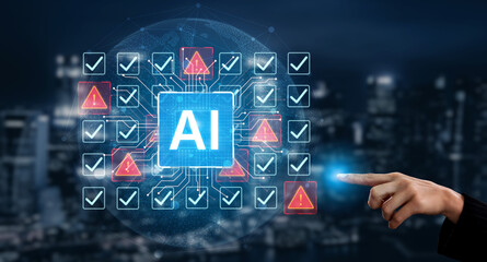 Futuristic artificial intelligence concept depicting AI hallucination, processing errors, and...