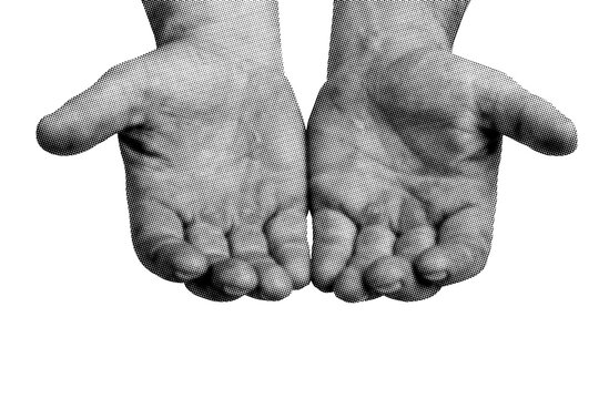 Black and white close up of weathered open hands cupped together isolated on white	
