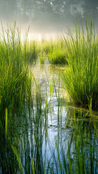 Tall reeds lining a narrow wetland channel in morning fog