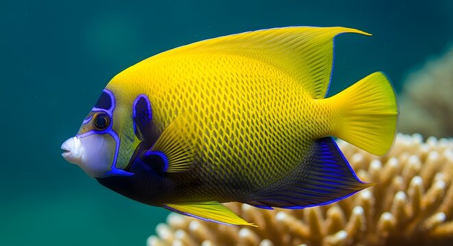 Vibrant yellow angelfish gracefully swimming near coral reef, showcasing striking blue accents and intricate patterns in a captivating underwater scene.