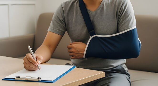 Person with injured arm in a sling writing on a clipboard at a wooden table, focusing on recovery and documentation in a medical setting.