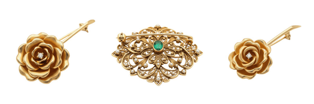Set luxury vintage golden rose and emerald brooch collection with ornate filigree jewelry designs transparent background png