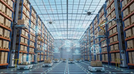 Fototapeta premium Smart warehouse interior with tall shelves, boxes, and floating digital logistics icons representing supply chain automation and connectivity.